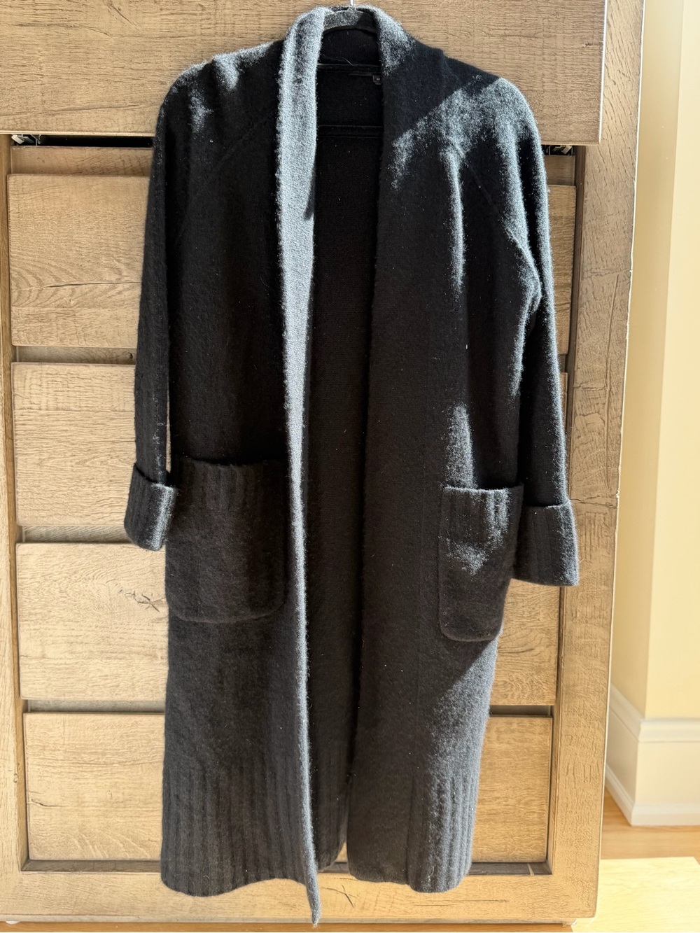 NakedCashmere Black Open-Front Long Knit Coatigan with Patch Pockets - excellent